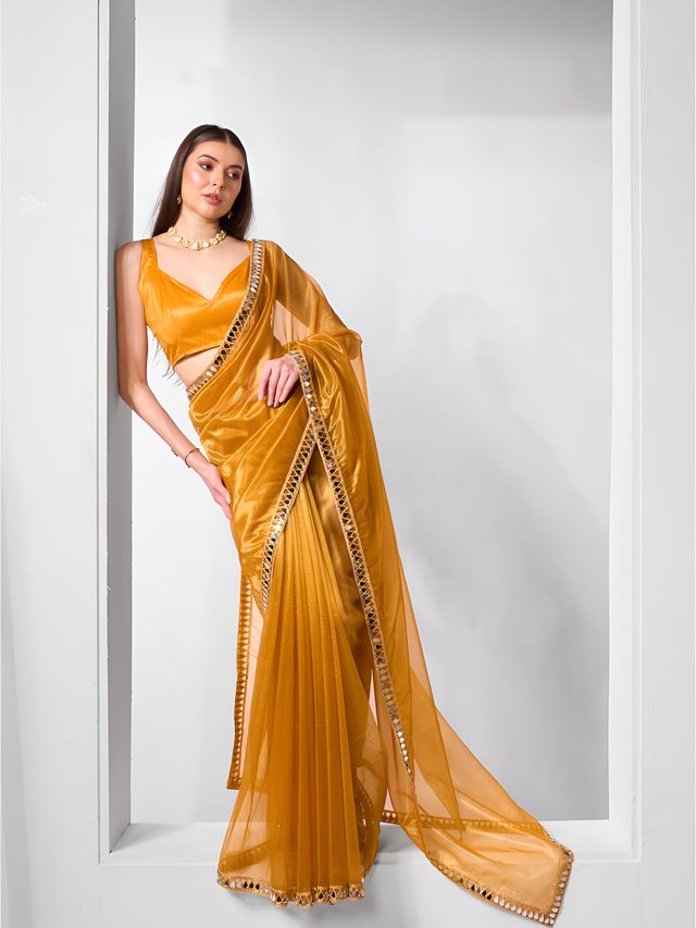 Mustard Color Gold Twill Net Fabric Real Mirror And Coding Lace Work Work Designer Saree