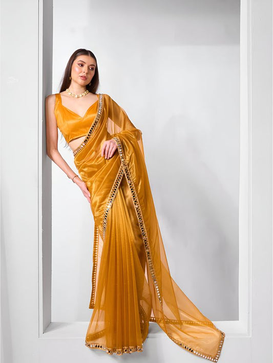 Mustard Color Gold Twill Net Fabric Real Mirror And Coding Lace Work Work Designer Saree