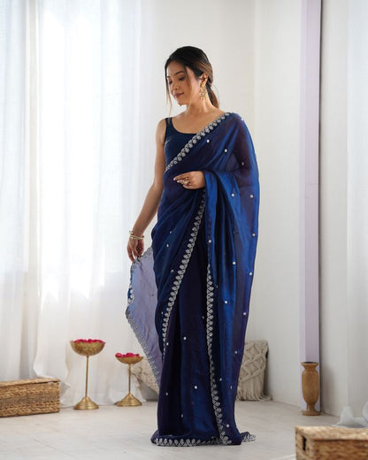Blue Color Beautiful Fancy Partywear Fendy Satin Saree