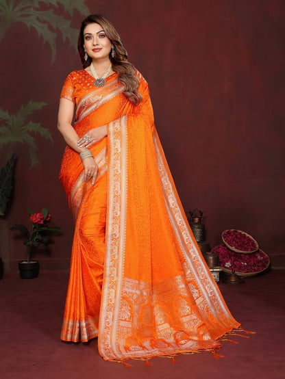 Orange Color Satin Silk Fabric Woven Jari Designer Sophisticated Saree