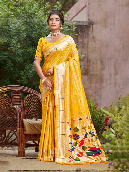 Woven Meenakari Designer Yellow Color Ethnic Partywear Saree