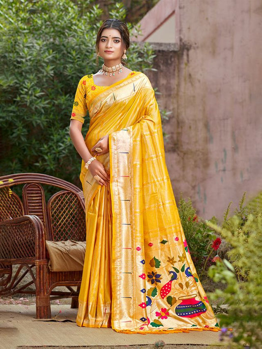 Woven Meenakari Designer Yellow Color Ethnic Partywear Saree