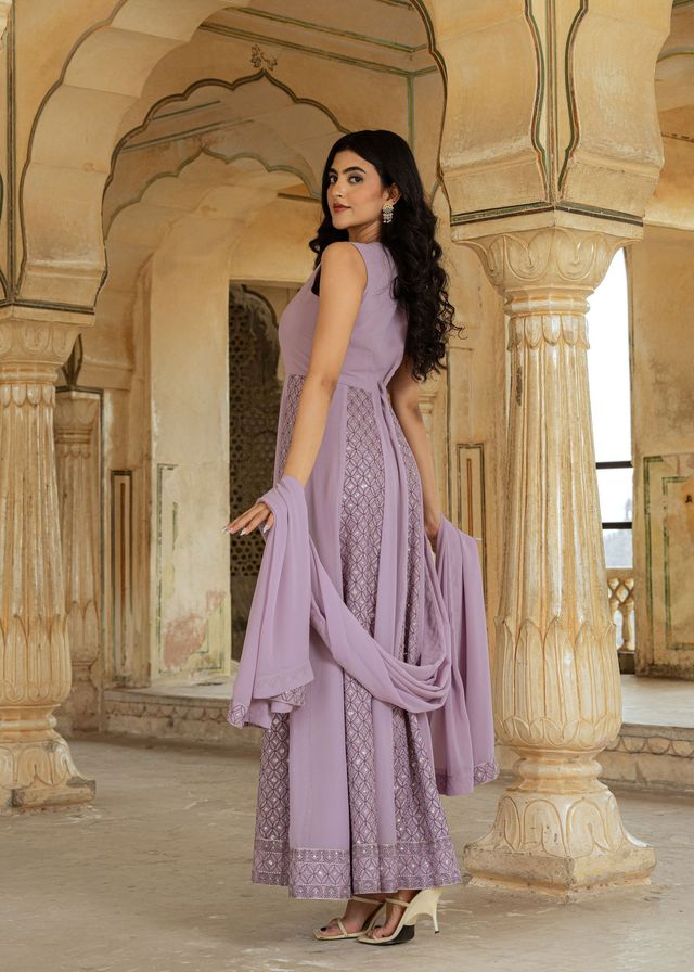 Lilac Color Georgette Fabric Designer Embroidered Partywear Gown For Girlie Looks