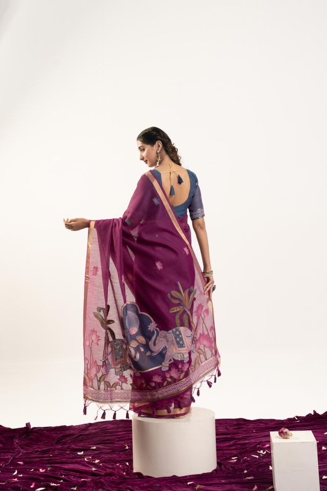 Wine Color Muga Cotton Fabric Rajwadi Weaving Designer Ethnic Classic Saree
