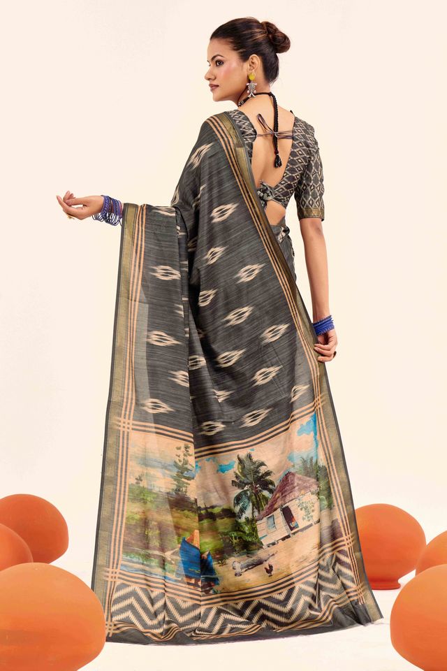 Grey Color Cotton Silk Fabric Designer Digital Printed Saree
