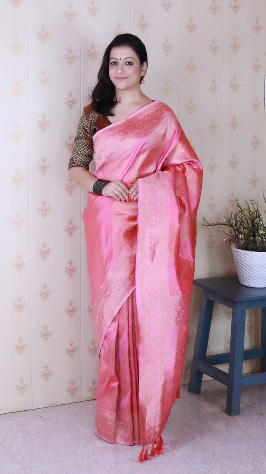 Baby Pink Color Soft Silk Woven Jari Designer Ethnic Partywear Saree