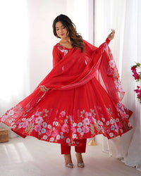 Women's Gorgeous Floral Printed Organza Silk Fabric Flared Anarkali Pant and Dupatta Set 25
