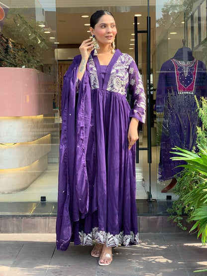 LavenderColor Roman Silk Fabric Designer Embroiderd Stitched Suit