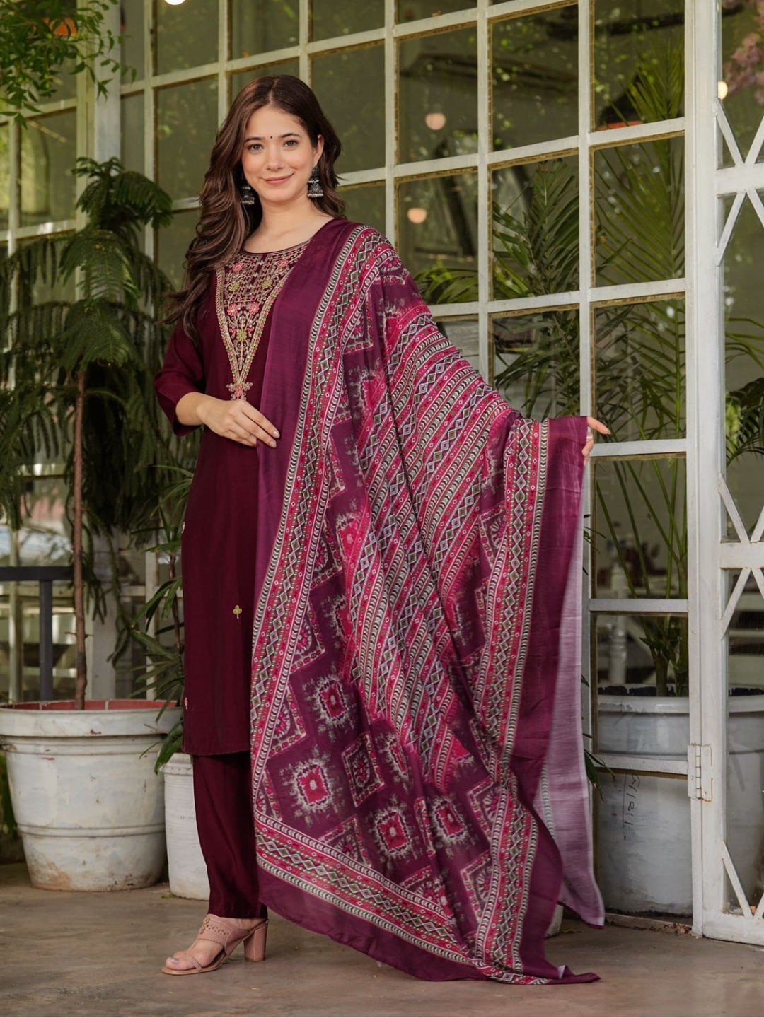 Women's Gorgeous Rayon Slub Embroidery Straight Kurta with Pant And Dupatta Set