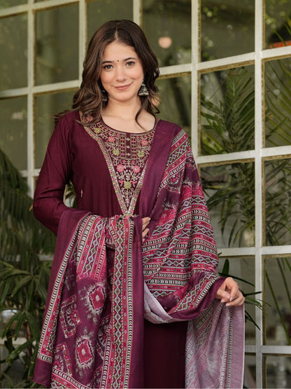 Women's Gorgeous Rayon Slub Embroidery Straight Kurta with Pant And Dupatta Set