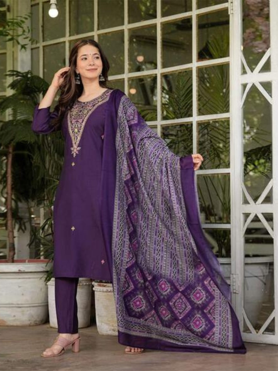 Women's Gorgeous Rayon Slub Embroidery Straight Kurta with Pant And Dupatta Set