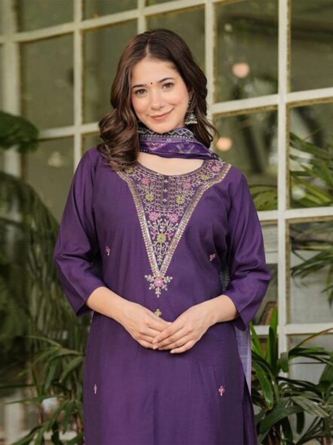 Women's Gorgeous Rayon Slub Embroidery Straight Kurta with Pant And Dupatta Set