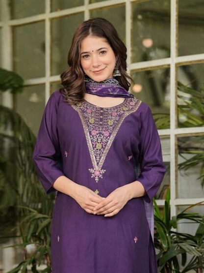 Women's Gorgeous Rayon Slub Embroidery Straight Kurta with Pant And Dupatta Set