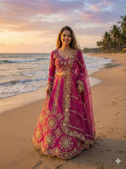 Traditional Rani Pink Embroidered Bridal Wear Lehenga Set