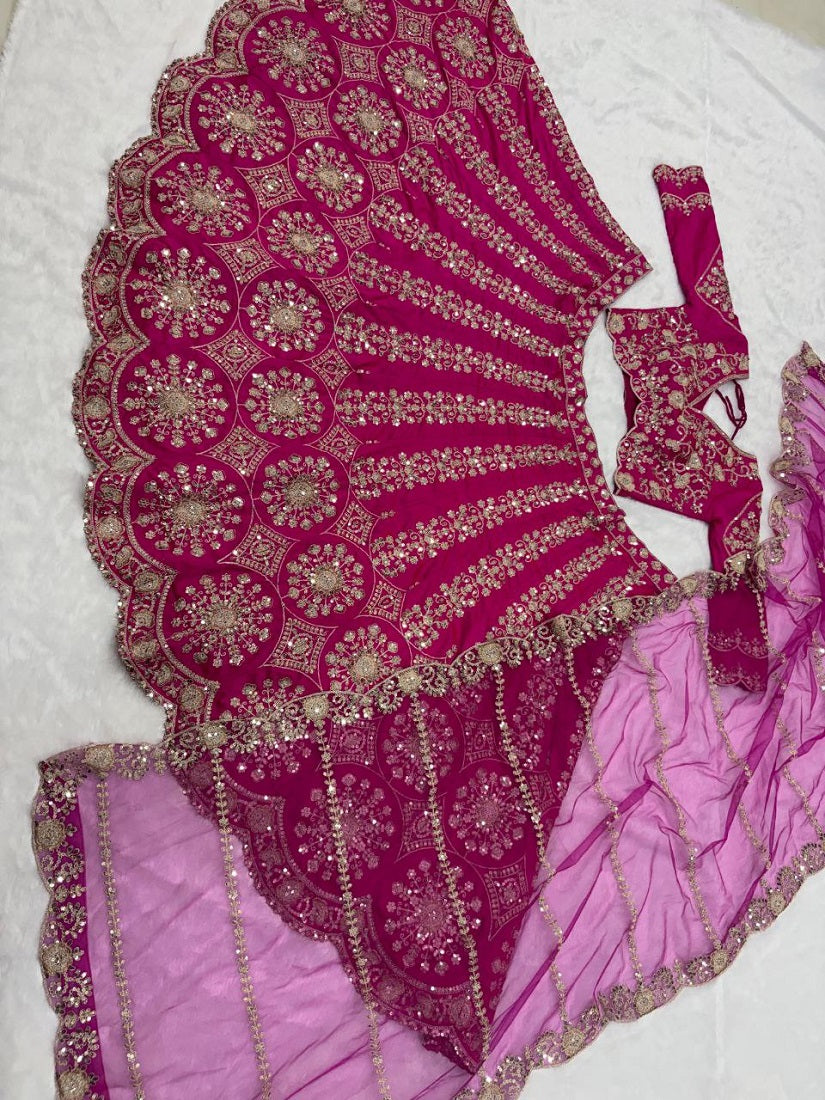 Traditional Rani Pink Embroidered Bridal Wear Lehenga Set