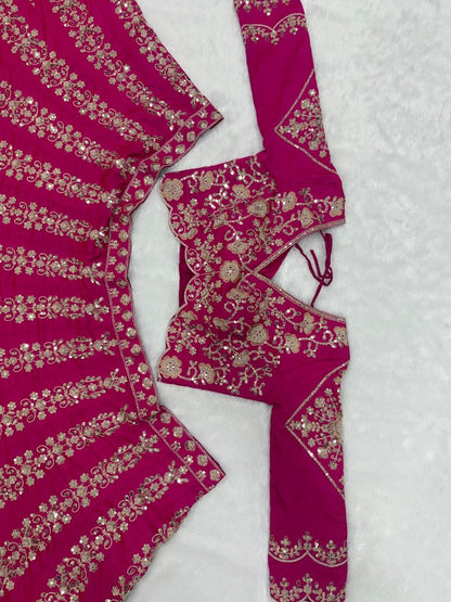 Traditional Rani Pink Embroidered Bridal Wear Lehenga Set