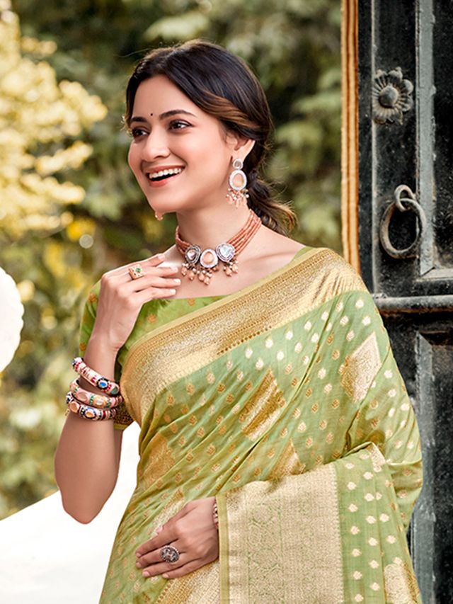 Mint Green Color Assam Silk Fabric Woven Designer Saree For Party Looks
