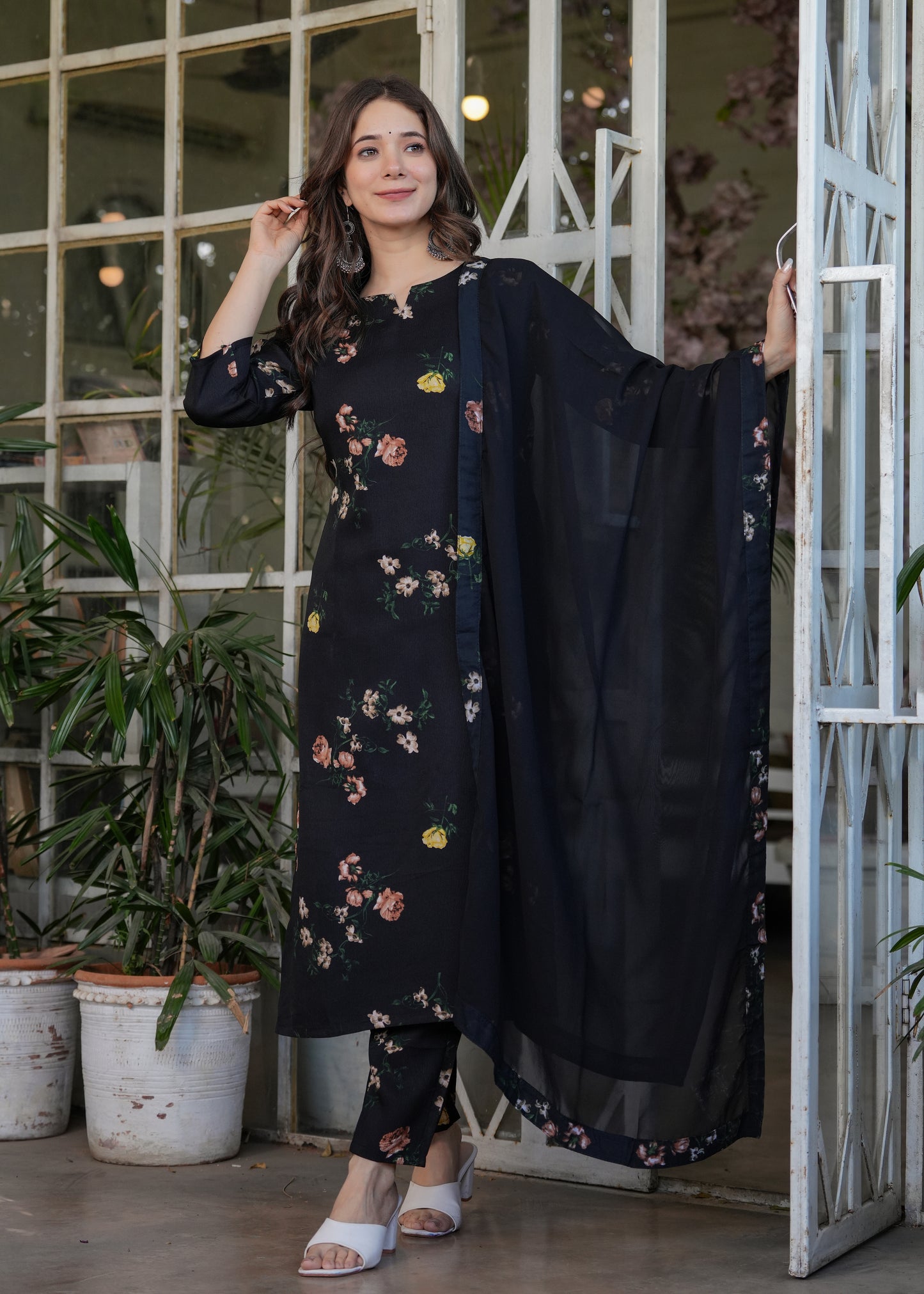 French Crepe Fabric work Straight cut Kurta, Pant and Dupatta Set