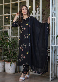 French Crepe Fabric work Straight cut Kurta, Pant and Dupatta Set