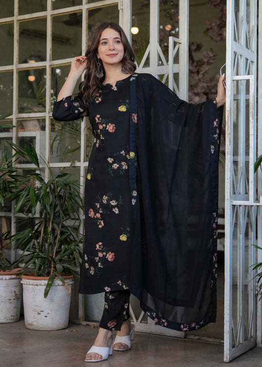 French Crepe Fabric work Straight cut Kurta, Pant and Dupatta Set