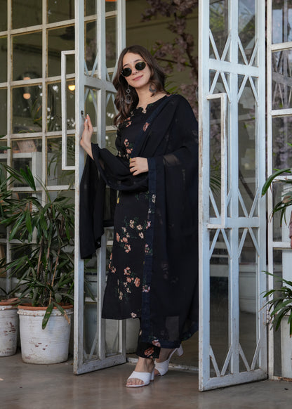 French Crepe Fabric work Straight cut Kurta, Pant and Dupatta Set