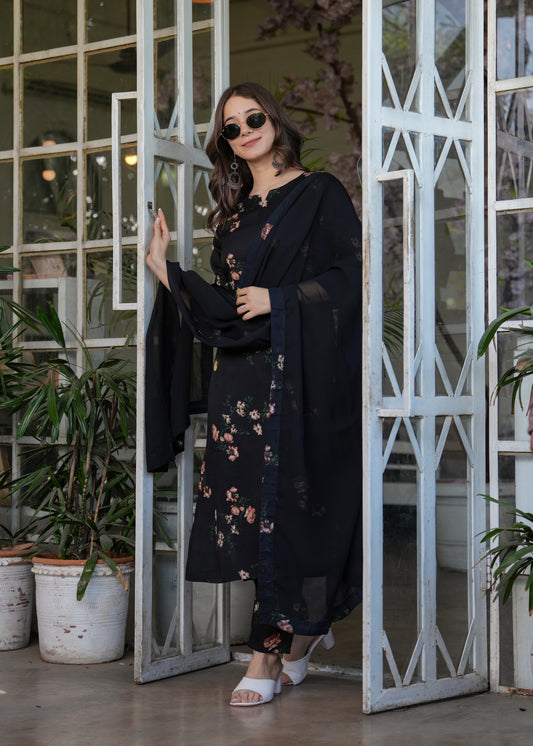 French Crepe Fabric work Straight cut Kurta, Pant and Dupatta Set