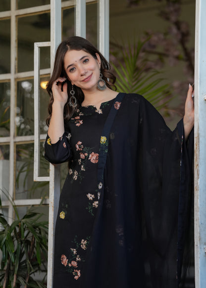 French Crepe Fabric work Straight cut Kurta, Pant and Dupatta Set