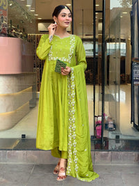 Women's Gorgeous Chinon Embroidery Flared Kurta with Pant And Dupatta Set