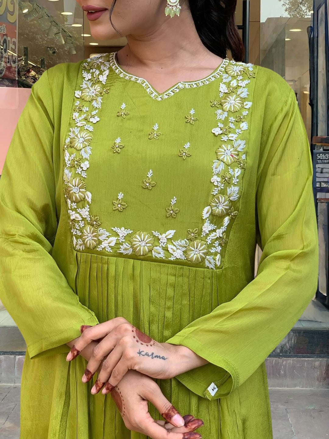 Women's Gorgeous Chinon Embroidery Flared Kurta with Pant And Dupatta Set