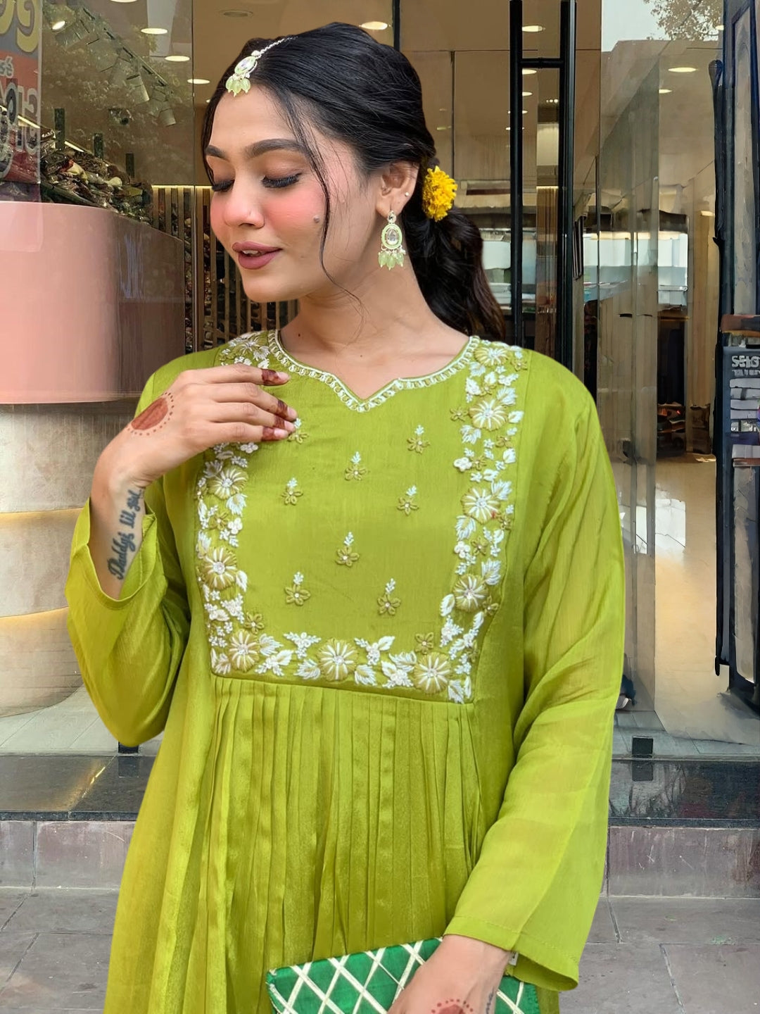Women's Gorgeous Chinon Embroidery Flared Kurta with Pant And Dupatta Set