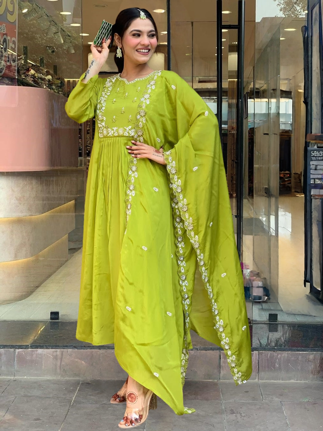 Women's Gorgeous Chinon Embroidery Flared Kurta with Pant And Dupatta Set