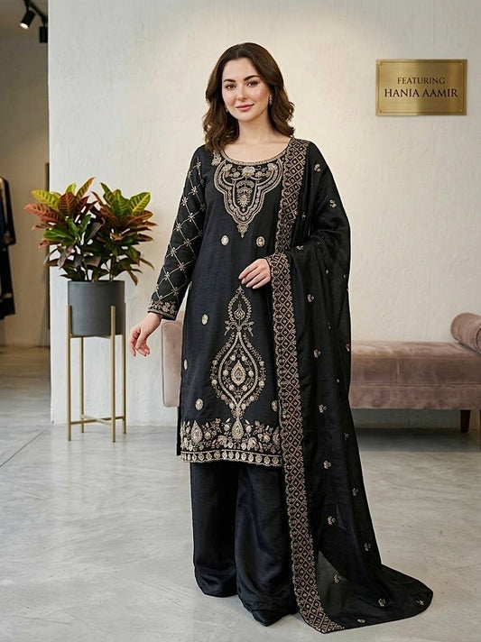 Black Silk Blend Embroidered Beads Work Plazzo Suit