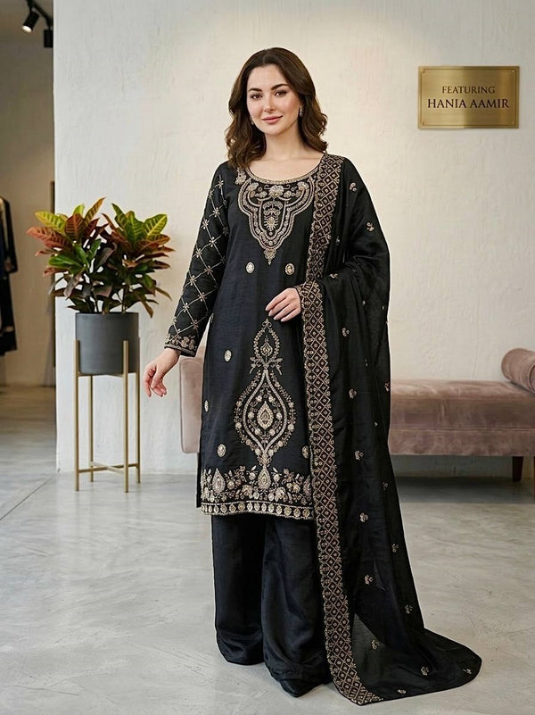 Black Silk Blend Embroidered Beads Work Plazzo Suit