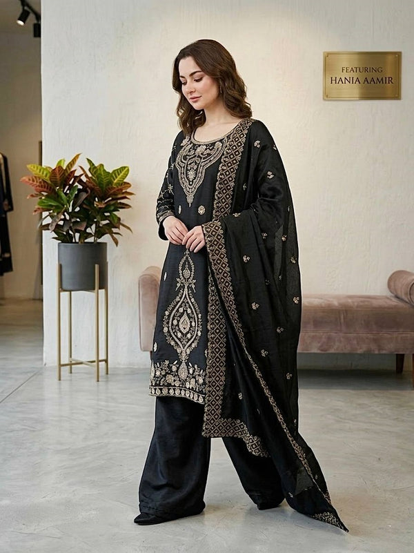 Black Silk Blend Embroidered Beads Work Plazzo Suit