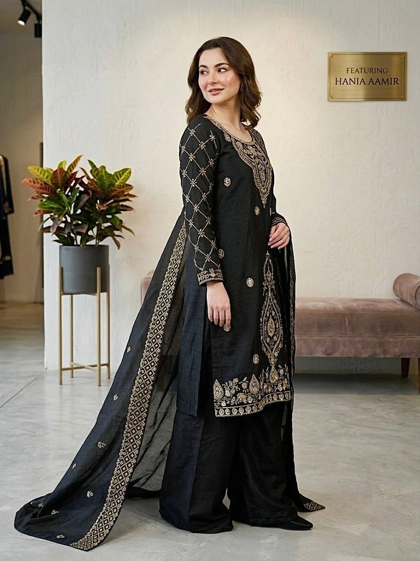 Black Silk Blend Embroidered Beads Work Plazzo Suit