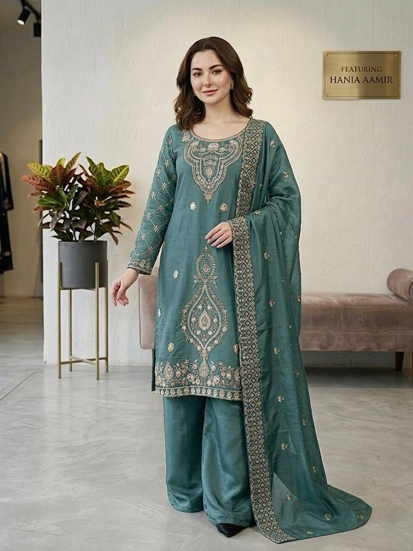 Seagreen Silk Blend Embroidered Beads Work Plazzo Suit