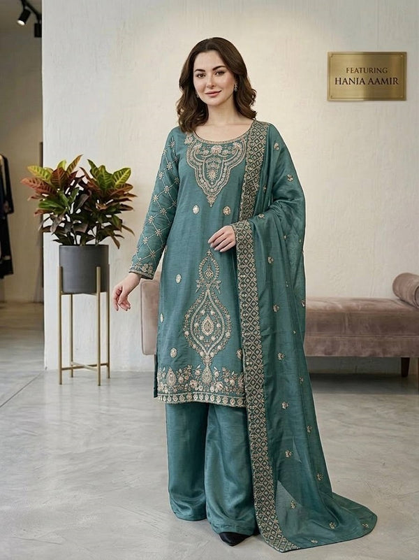 Seagreen Silk Blend Embroidered Beads Work Plazzo Suit