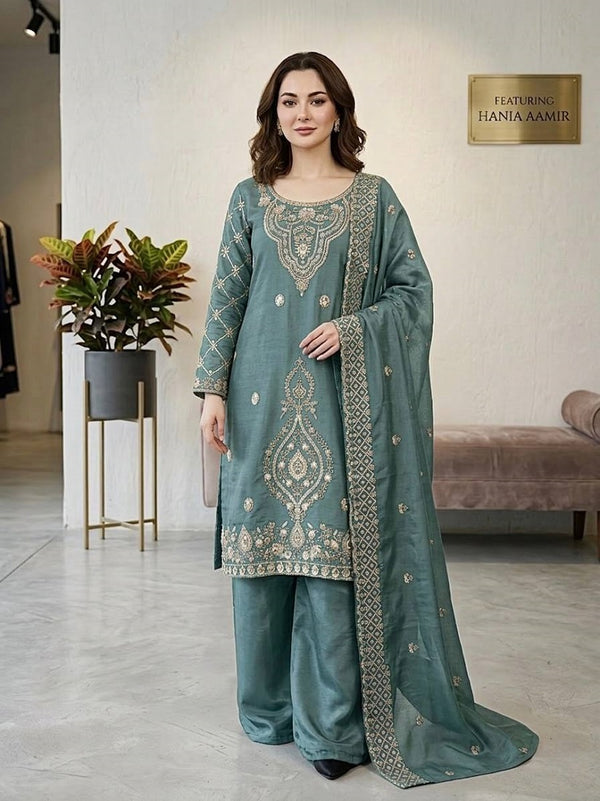 Seagreen Silk Blend Embroidered Beads Work Plazzo Suit