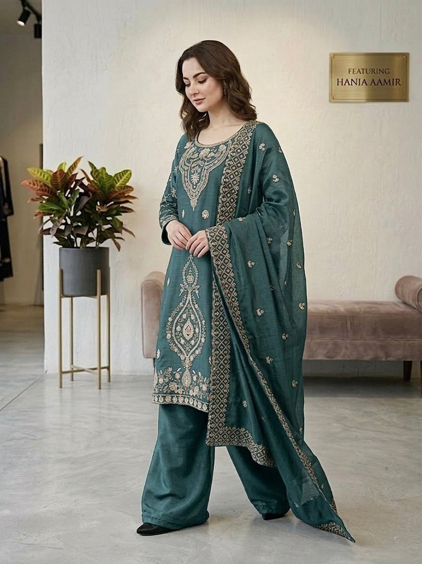 Seagreen Silk Blend Embroidered Beads Work Plazzo Suit