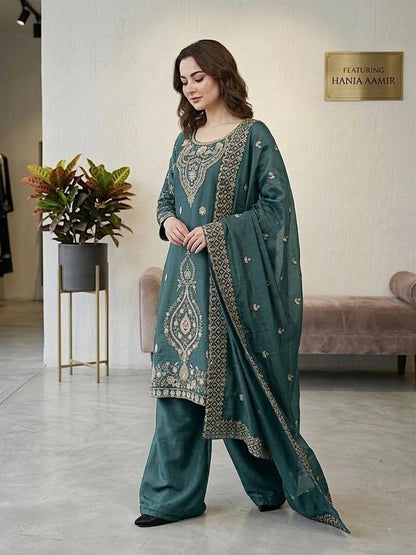Seagreen Silk Blend Embroidered Beads Work Plazzo Suit