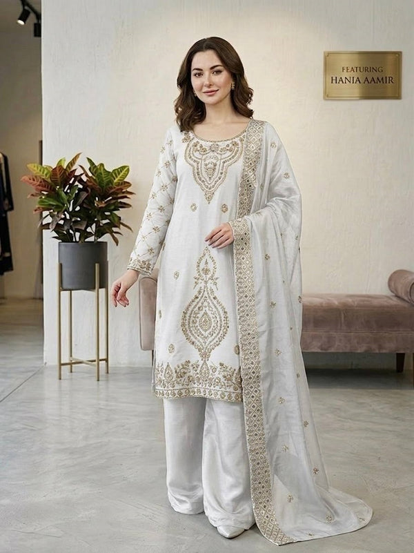 White Silk Blend Embroidered Beads Work Plazzo Suit