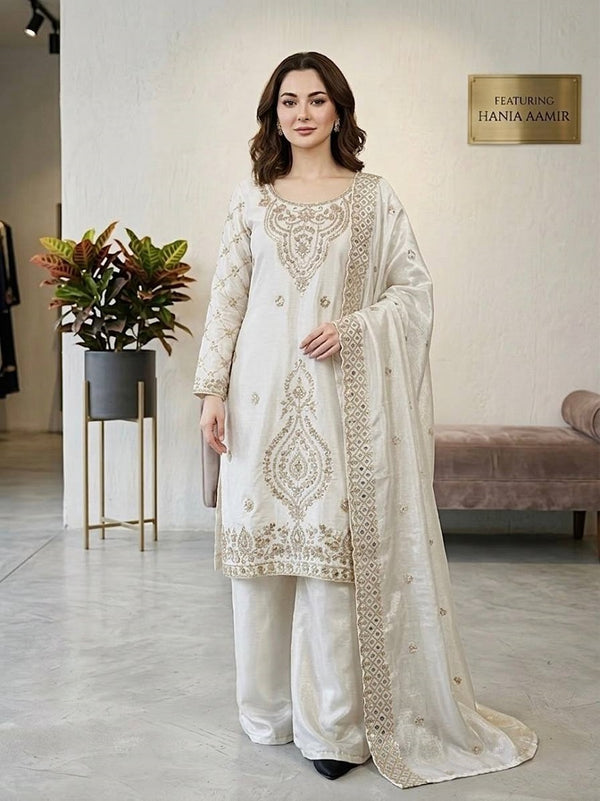 White Silk Blend Embroidered Beads Work Plazzo Suit