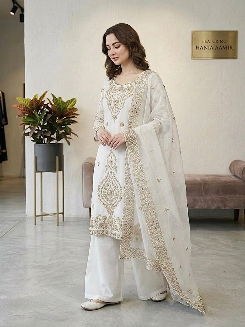 White Silk Blend Embroidered Beads Work Plazzo Suit
