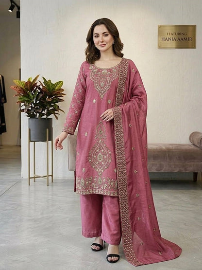 Pink Silk Blend Embroidered Beads Work Plazzo Suit