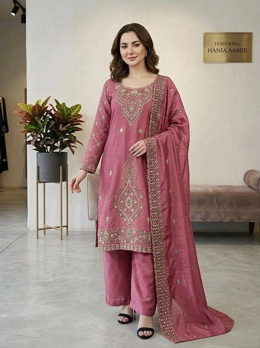 Pink Silk Blend Embroidered Beads Work Plazzo Suit