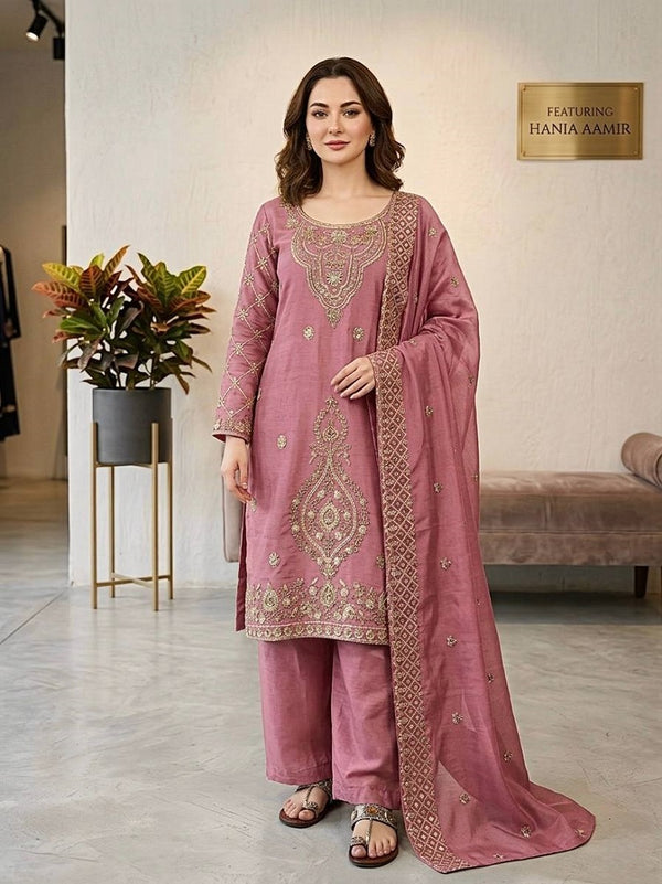 Pink Silk Blend Embroidered Beads Work Plazzo Suit