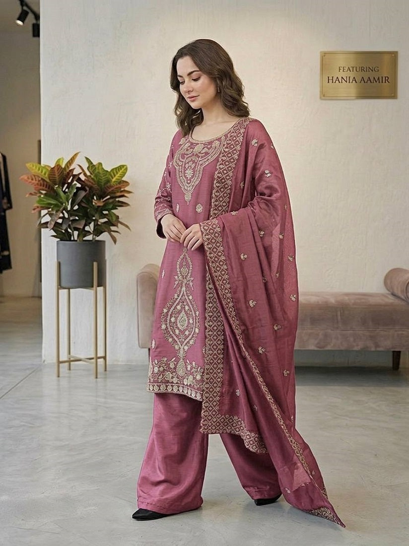 Pink Silk Blend Embroidered Beads Work Plazzo Suit