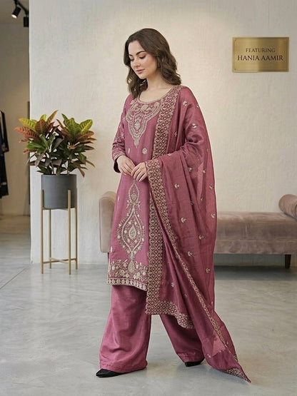 Pink Silk Blend Embroidered Beads Work Plazzo Suit