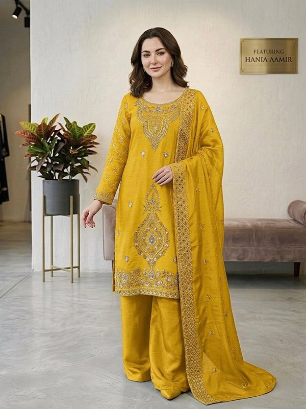 Yellow Silk Blend Embroidered Beads Work Plazzo Suit
