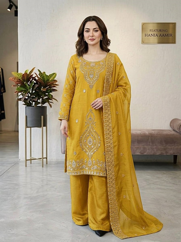 Yellow Silk Blend Embroidered Beads Work Plazzo Suit